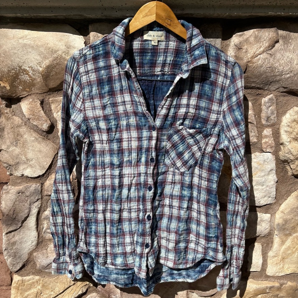Cloth & Stone Womens Plaid Button-Up Shirt Medium Red Blue Gauzy Western